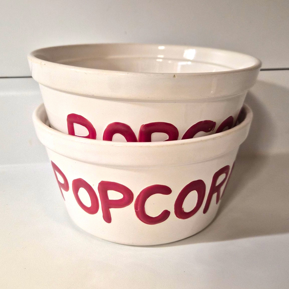 Everybody Loves Popcorn Bowl Set of 2 Ceramic Hand Painted Dishwasher Safe 7"
